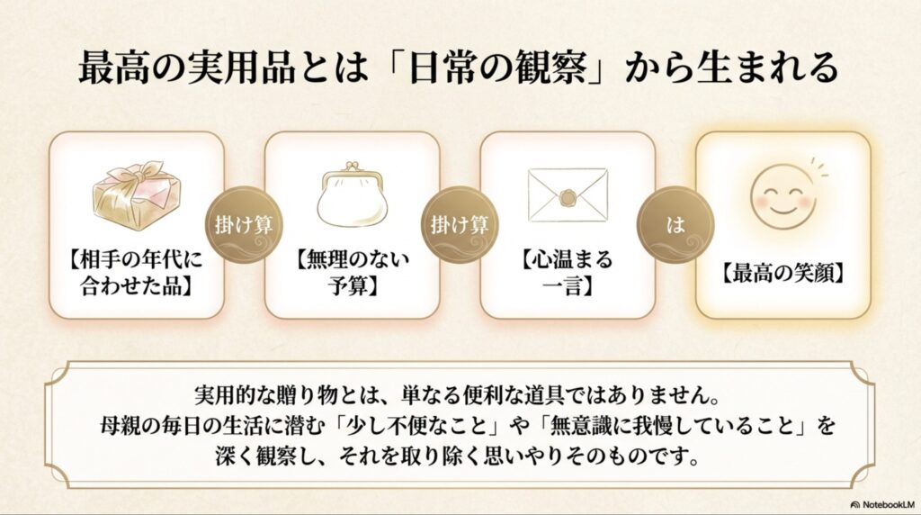 相手の年代、予算、心温まる一言、最高の笑顔の掛け算で実用的な贈り物が決まることを解説したスライド
