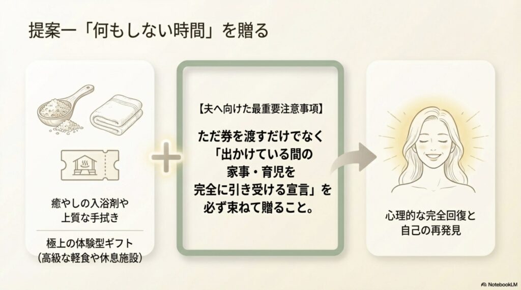 入浴剤や体験型ギフトの提案に加え、夫への最重要注意事項として「チケットを渡すだけでなく、出かけている間の子供の世話を完全に引き受ける」ことを記載したスライド。