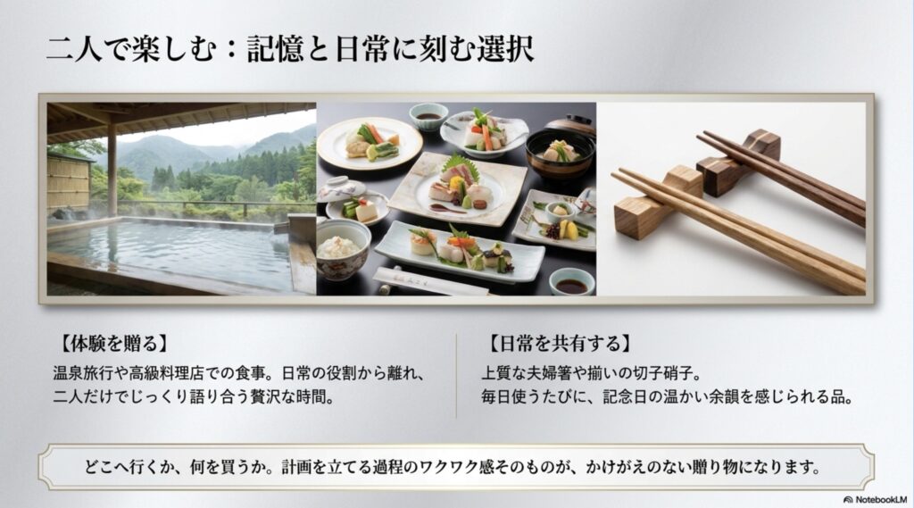 温泉旅行や高級料理店での食事、日常を彩る夫婦箸など、二人で楽しむためのギフトイメージ。