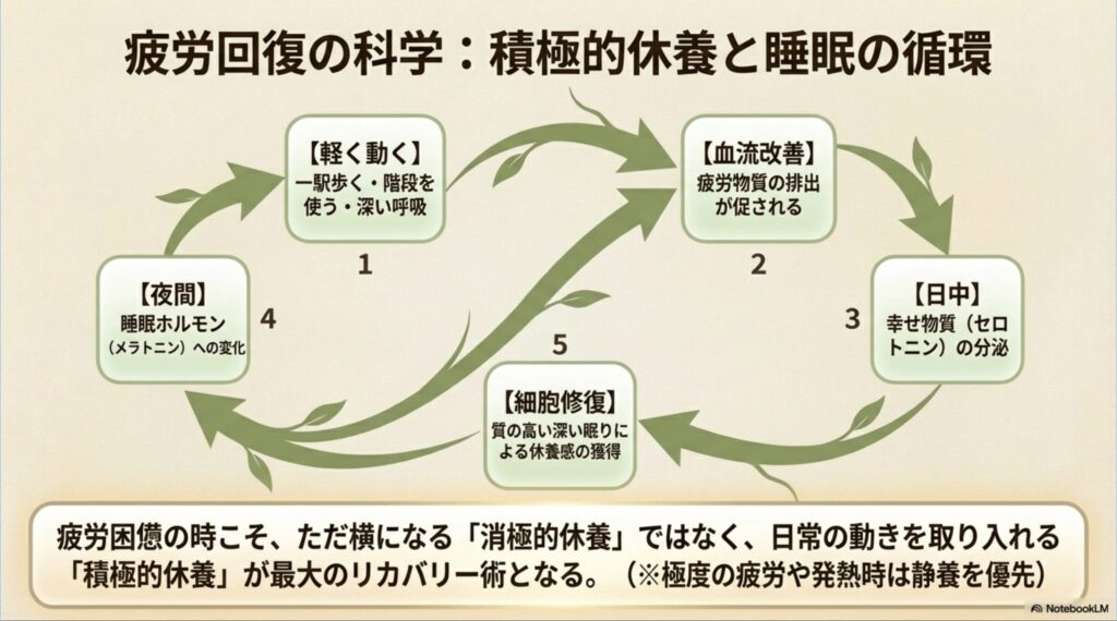 軽く動くことから始まり、血流改善、幸せ物質の分泌、睡眠ホルモンへの変化、細胞修復へと繋がる疲労回復の科学の循環図