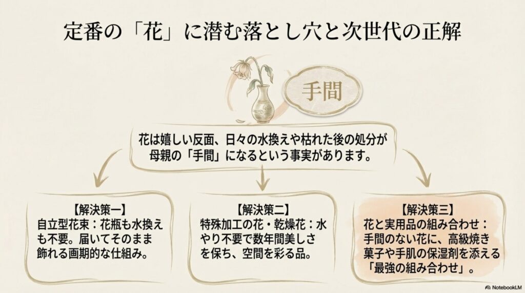 日々の水換えが手間になるお花のジレンマと、自立型花束や特殊加工の花、実用品との組み合わせなど解決策を提示したスライド