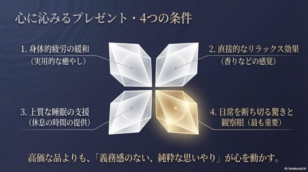 身体的疲労の緩和、直接的なリラックス効果、上質な睡眠の支援、日常を断ち切る驚きというプレゼント選びの4条件