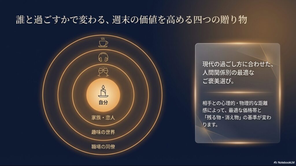 自分、家族・恋人、趣味の世界、職場の同僚という、相手との距離感による四つのご褒美選びの基準を示す図