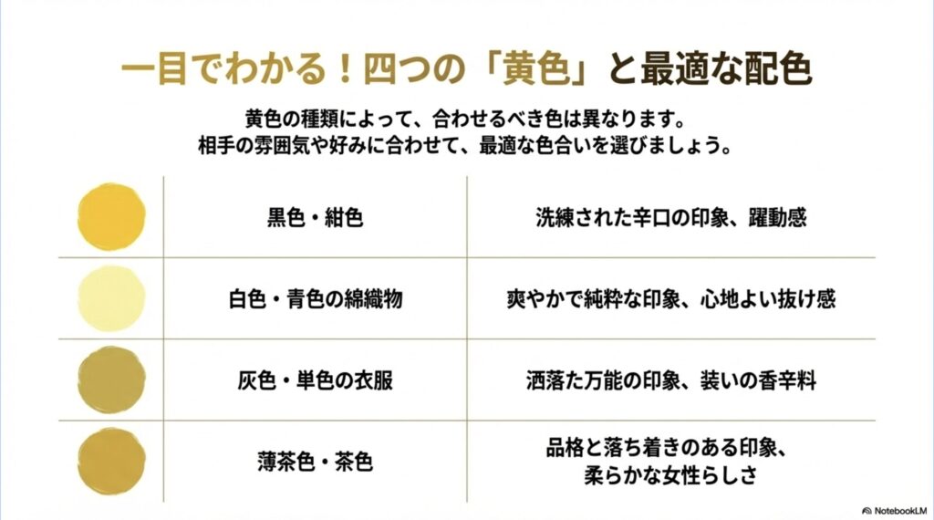 黒色・紺色、白色・青色、灰色、薄茶色・茶色など4種類の黄色に合わせた最適な配色パターン一覧