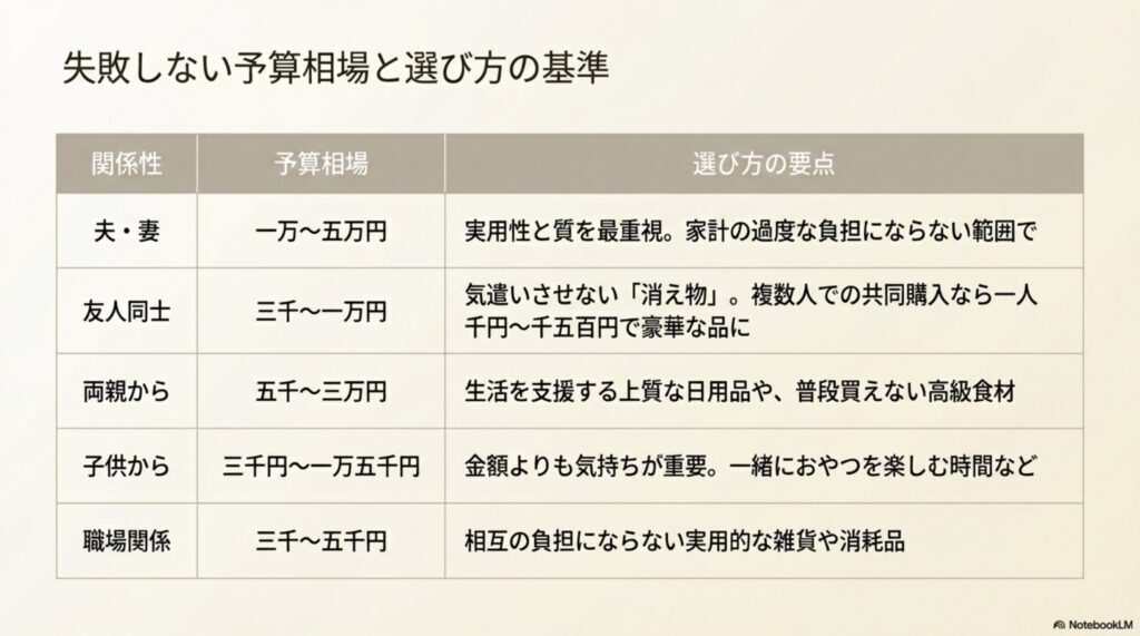 夫・妻、友人、両親、子供、職場関係それぞれの予算相場と、実用性や「消え物」といった選び方のポイントをまとめた一覧表のスライド。