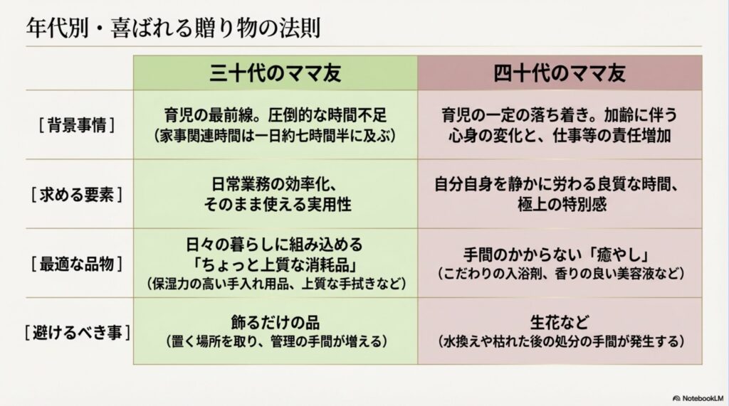 年代別喜ばれる贈り物の法則。30代は日常業務の効率化・実用性、40代は自分を労わる良質な時間・特別感を求める