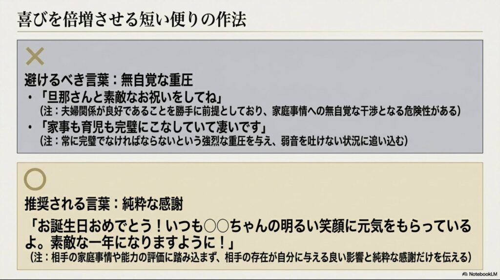喜びを倍増させる短い便りの作法。無自覚な重圧を与える言葉は避け、純粋な感謝を伝える