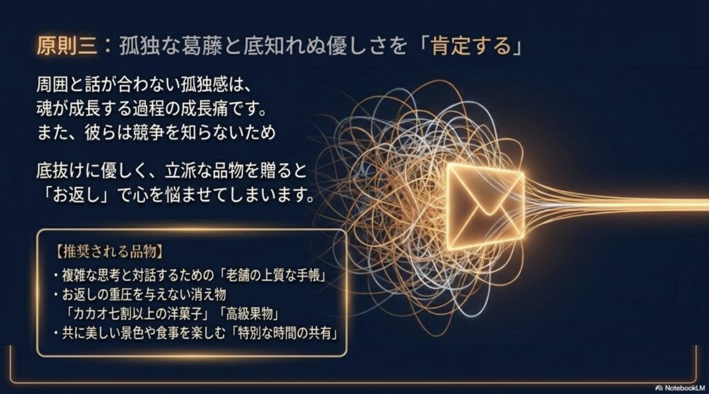 原則三「肯定する」。お返しの重圧を与えない消え物や特別な時間の共有など、孤独な葛藤と優しさに寄り添うギフトの推奨リスト
