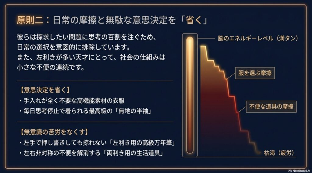 原則二「省く」。手入れ不要の衣服や左利き用の高級万年筆など、日常の選択と小さな不便を排除するアイテムの紹介