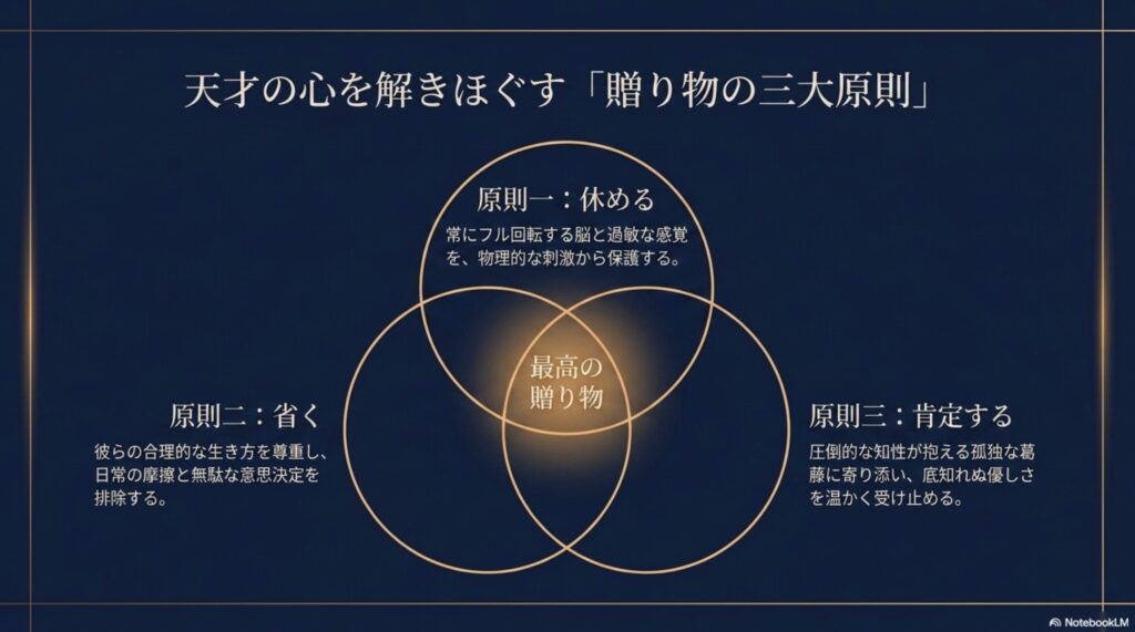 原則一「休める」。情報の洪水を強制的に遮断し安全基地を作るための、遮音性の高い耳栓や上質な絹の目隠しなどの推奨アイテム