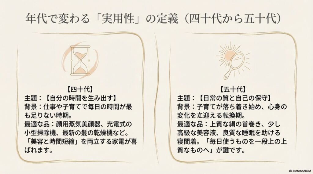 40代は自分の時間を生み出す美容・時短家電、50代は日常の質を高める上質な雑貨が最適であることを解説したスライド