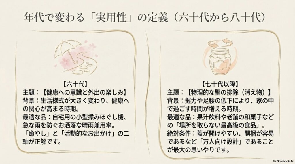 60代は癒やしと外出を楽しむアイテム、70代以降は開けやすい飲料など物理的な壁を排除した消え物が最適であることを示すスライド