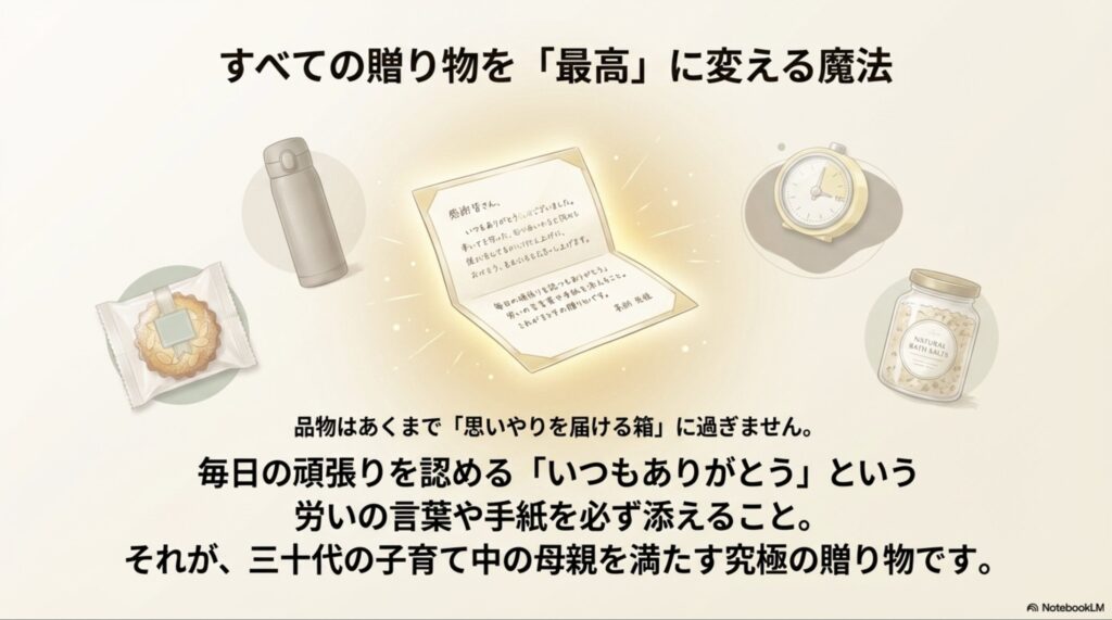 品物は思いやりを届ける箱であり、毎日の頑張りを認める「いつもありがとう」という言葉や手紙を添えることが究極の贈り物であると説く結びのスライド。