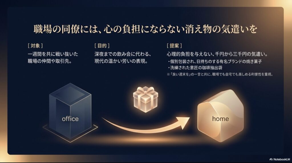 職場の同僚には心の負担にならない消え物の気遣いを提案するスライド。千円から三千円の焼き菓子や珈琲抽出袋など。