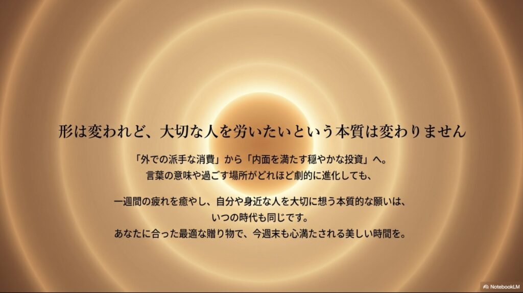 形は変われど大切な人を労いたいという本質は変わりません、というメッセージを伝えるまとめのスライド