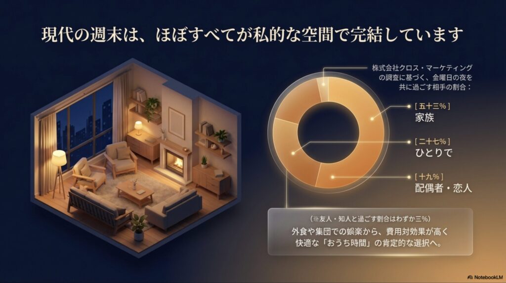 株式会社クロス・マーケティングの調査に基づく、金曜日の夜を共に過ごす相手の割合を示す円グラフ（家族53%、ひとりで27%、配偶者・恋人19%）