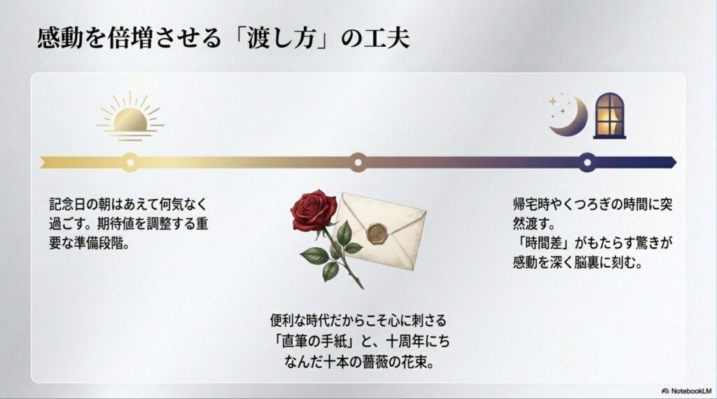 直筆の手紙や10本の薔薇を添え、あえて時間差で渡すことで驚きと感動を深める演出のポイント。