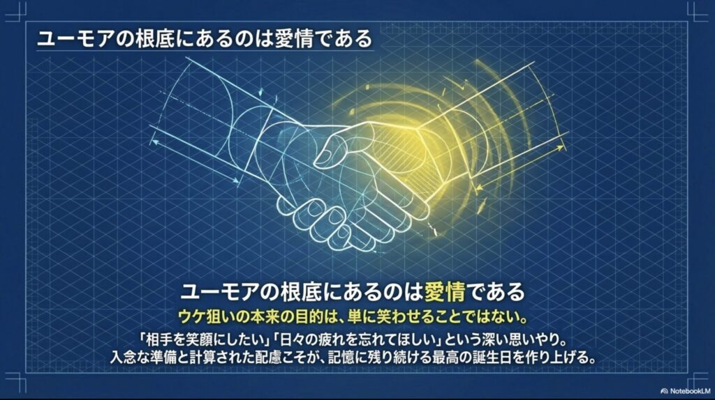 ウケ狙いの本来の目的は相手を笑顔にしたいという思いやりであることを示すメッセージ