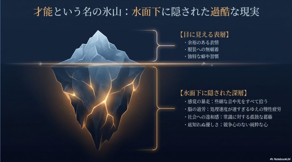 才能という名の氷山。余裕のある表情などの目に見える表層と、感覚の暴走や脳の過労など水面下に隠された深層の比較図