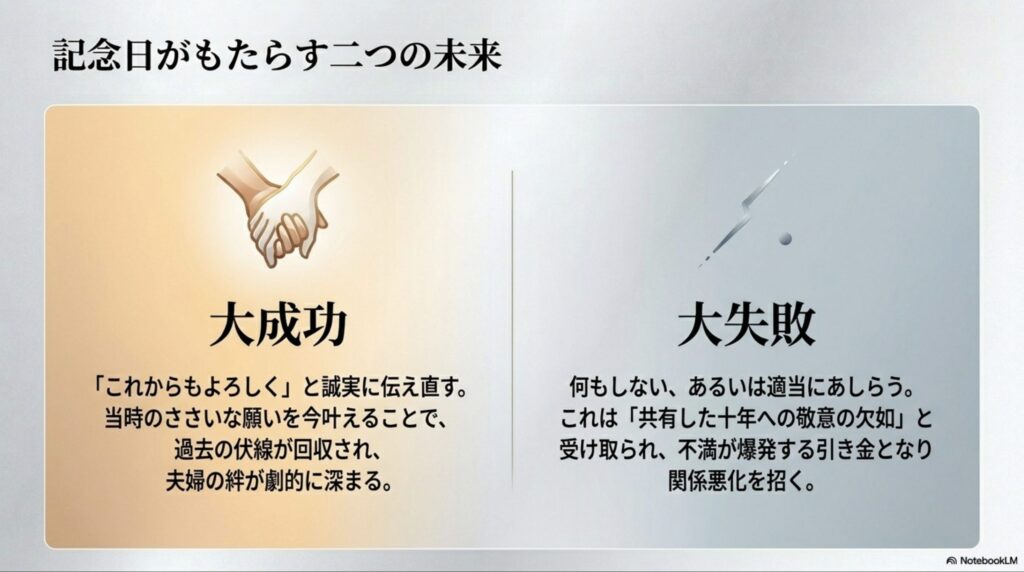 誠実な感謝により絆が深まる「大成功」と、軽視することで関係悪化を招く「大失敗」の対比図。