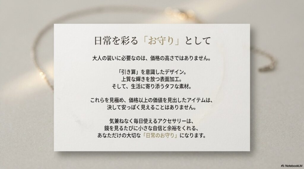 引き算のデザイン、上質な表面加工、タフな素材の3点を見極めたアクセサリーが、日常の小さな自信と余裕をくれるお守りになるというまとめ 。