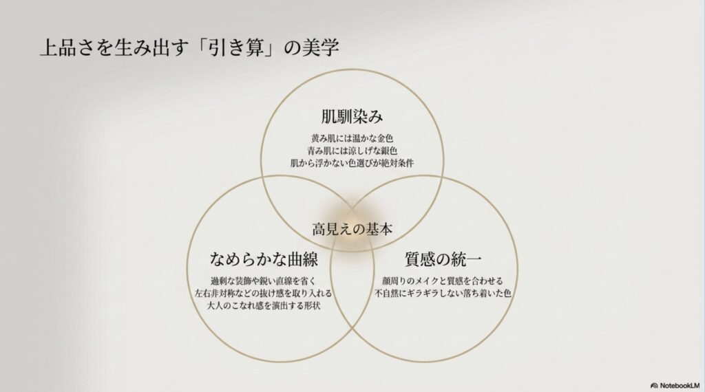 肌馴染みの良い色選び（イエベ・ブルベ）や、なめらかな曲線、質感の統一による高見えの基本。