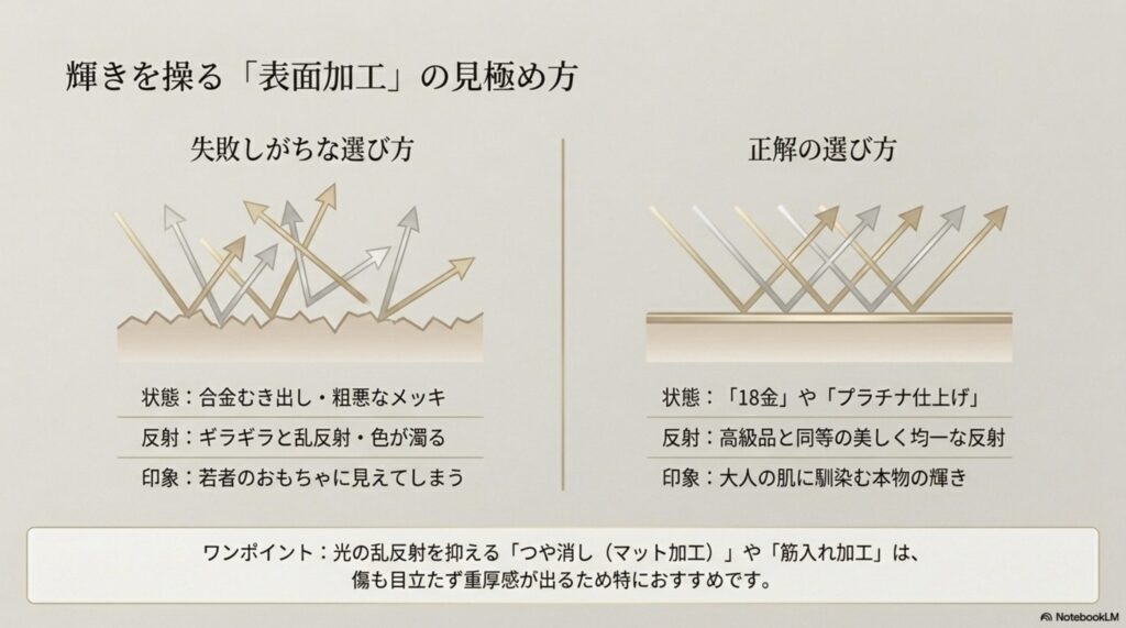 失敗しがちな「粗悪なメッキ」と、正解の「18金・プラチナ仕上げ」の光の反射や印象の違い。
