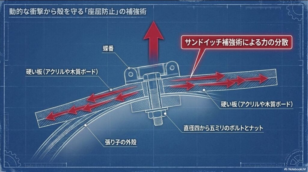 張り子の外殻を硬い板で挟み込み、ボルトとナットで固定する蝶番周辺のサンドイッチ補強術の断面図