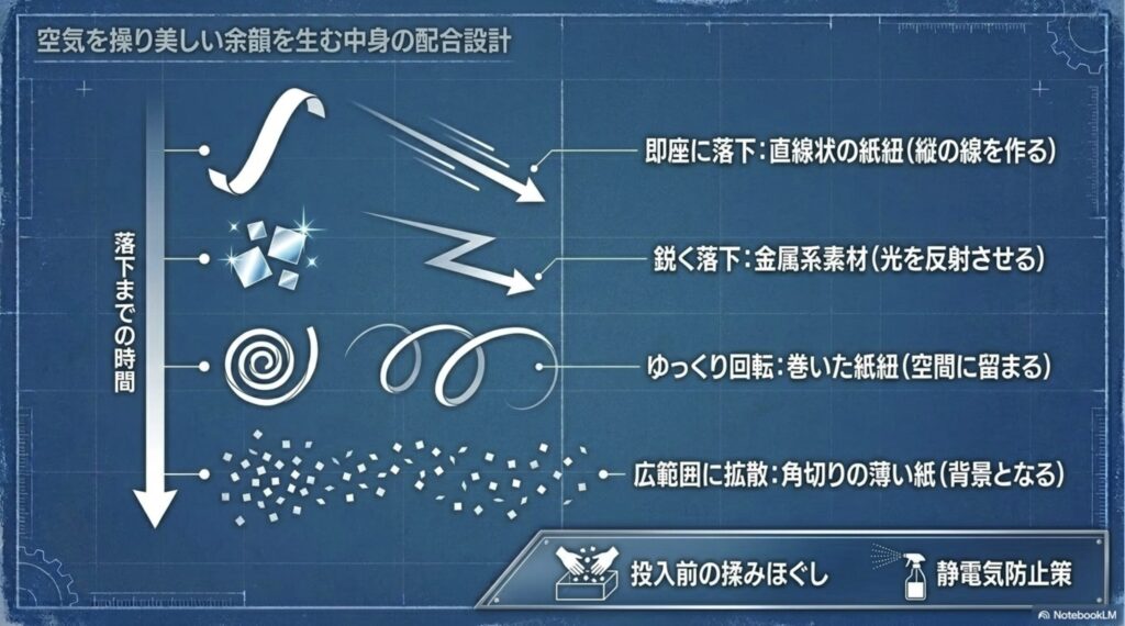 直線状の紙紐、金属系素材、巻いた紙紐、角切りの薄い紙など、落下速度や動きの違う素材を組み合わせた空間演出の図