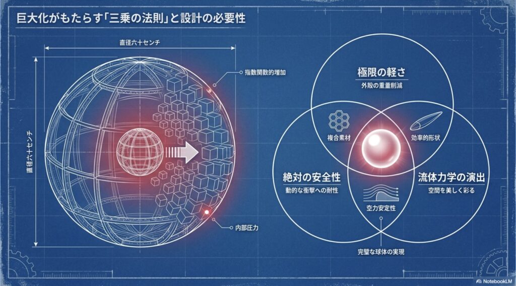 直径60センチのくす玉における内部圧力の増加と、極限の軽さ・絶対の安全性・流体力学の演出の関係を示した図解