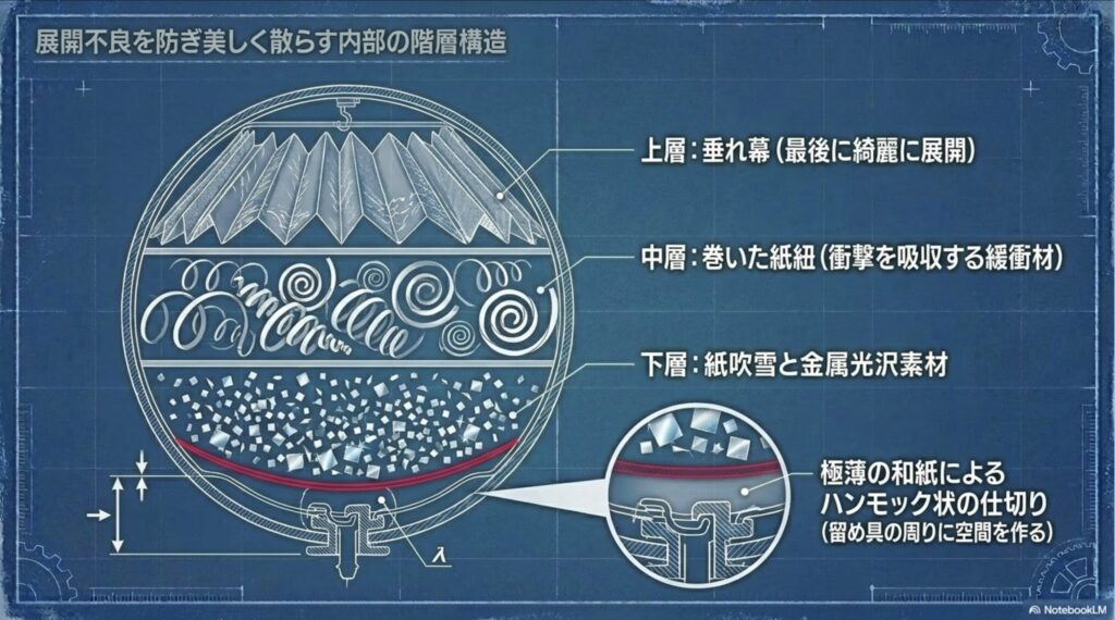 くす玉内部を上層・中層・下層の3層に分け、留め具の周りに空間を作るハンモック状の仕切りの断面図