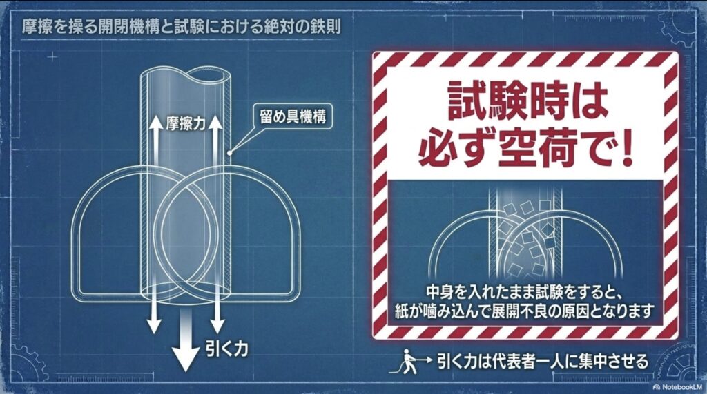 摩擦力を利用した留め具機構の図解と、試験時は必ず空荷で行うよう注意を促す解説
