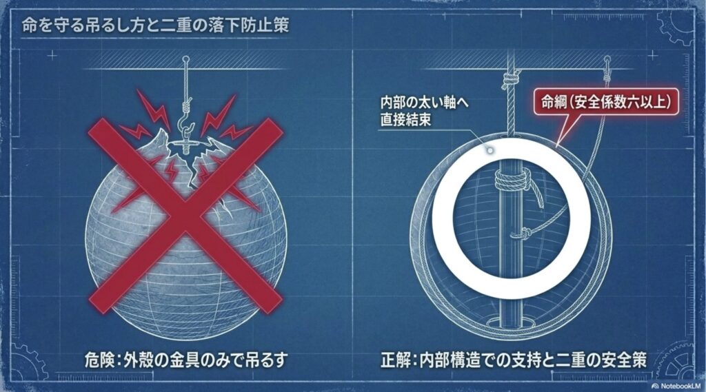 外殻の金具のみで吊るす危険性をバツ印で示し、内部の太い軸への直接結束と命綱による二重の安全策を促す図