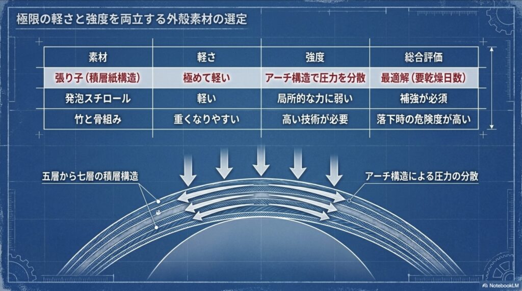 張り子、発泡スチロール、竹と骨組みの軽さと強度を比較し、5層から7層の積層構造による圧力分散を示した図