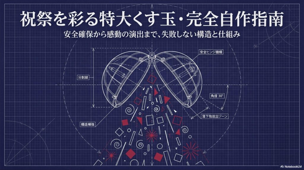 特大くす玉の内部構造や紙吹雪が広がる様子を描いた設計図風のイラスト