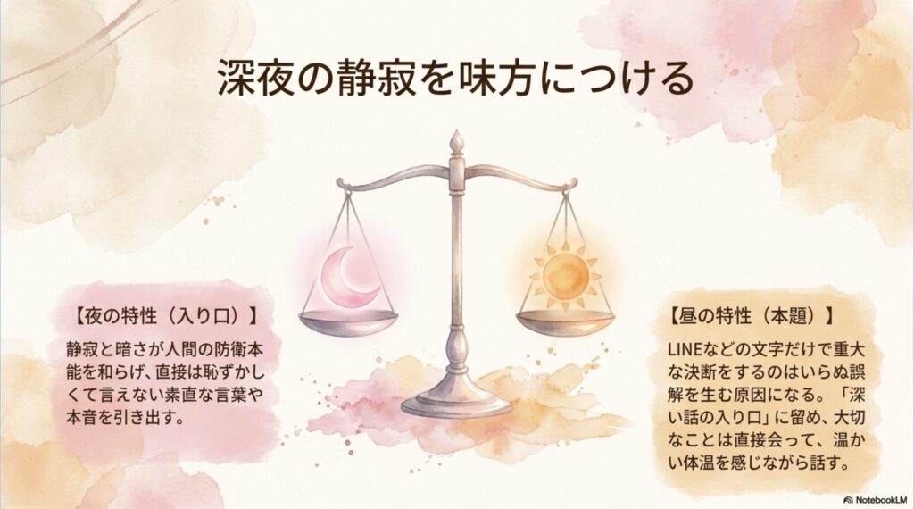 深夜の静寂が素直な言葉を引き出す夜の特性と、重要な決断は昼に直接会って話す昼の特性