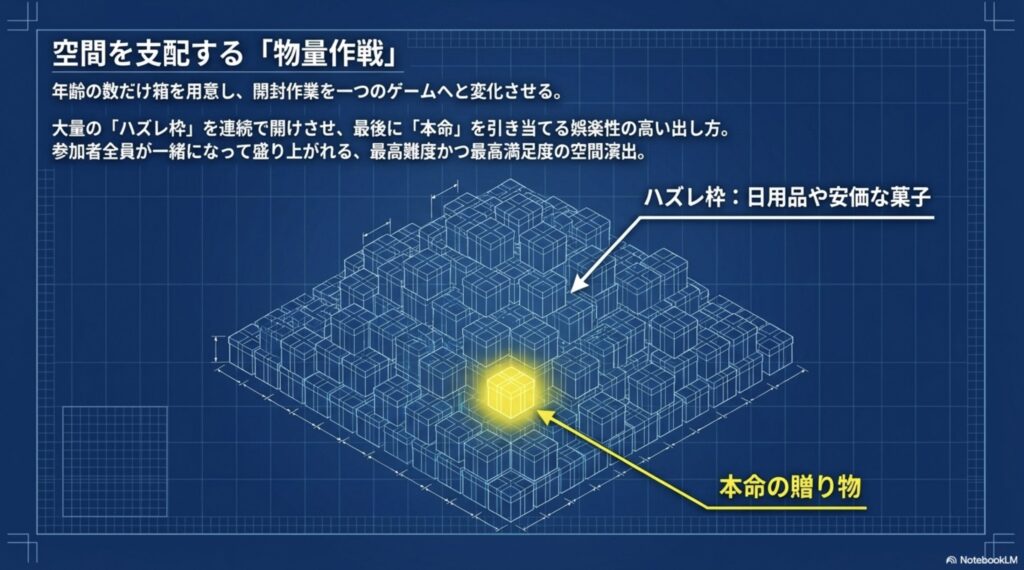 大量のハズレ枠の箱の中に本命の贈り物を混ぜて開封をゲーム化する空間演出
