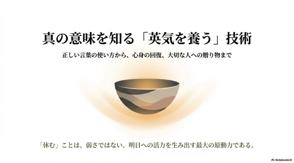 真の意味を知る「英気を養う」技術。正しい言葉の使い方から心身の回復、贈り物までのタイトルスライド