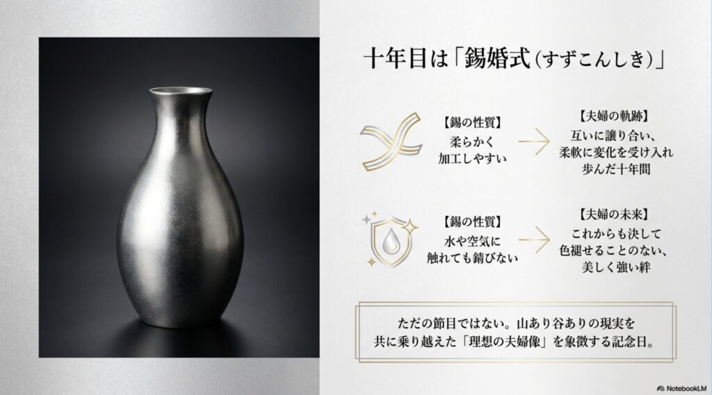錫の「柔らかく錆びない」という性質を、10年歩んできた夫婦の「柔軟さと強い絆」になぞらえて解説するスライド。