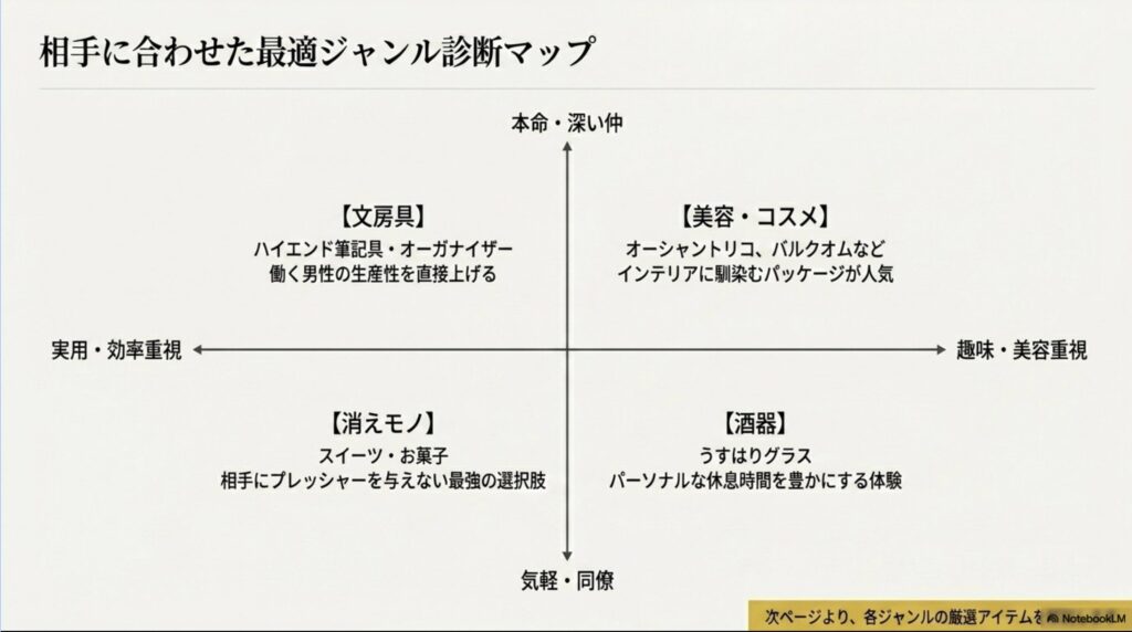 贈る相手との関係性や、実用性・趣味などの重視するポイントに合わせて最適なギフトジャンルがわかる診断マップ
