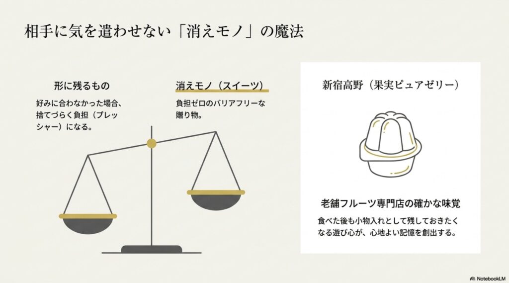 相手に負担をかけないスイーツなどの消えモノギフトのメリットと、遊び心のある容器に入ったフルーツゼリーの紹介