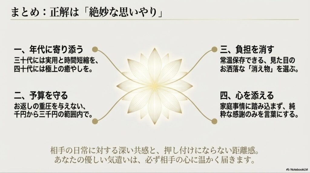 まとめ。ママ友へのプレゼントの正解は絶妙な思いやり。年代に寄り添う、予算を守る、負担を消す、心を添える
