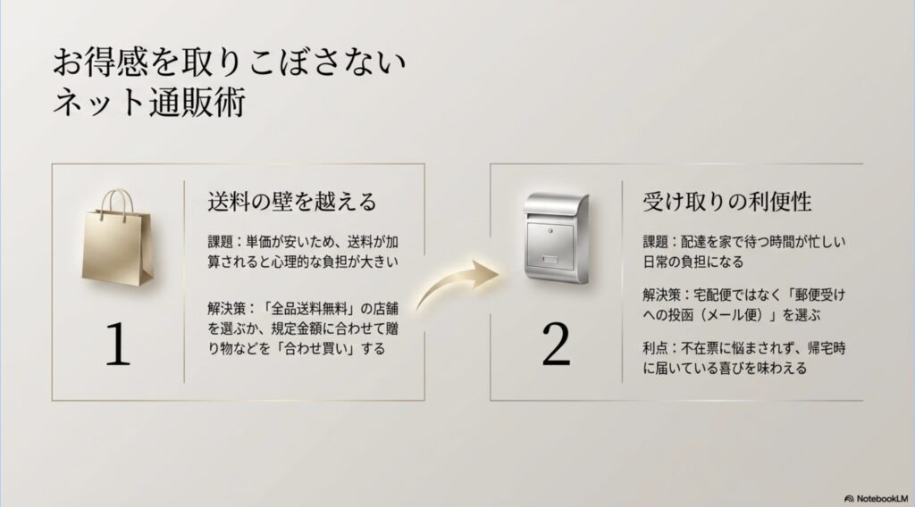送料の壁を越えるための全品送料無料店舗の選択や合わせ買いの提案と、受け取りが便利なメール便の利点 。