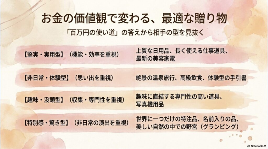 100万円の使い道から相手を堅実・実用型や非日常・体験型などに分類するギフト選び