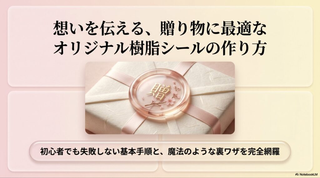 桜のデザインと「贈」の文字が入った透明な樹脂シールがギフトボックスの上に置かれているイメージ画像と、「想いを伝える、贈り物に最適なオリジナル樹脂シールの作り方」というタイトルが書かれたスライド。