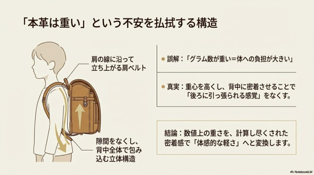 親が求める六年間使える品格と、子どもが求める華やかな色・おしゃれさを両立させる生田の解決策。上品なくすみ色とコバ塗りの引き締め効果による落ち着き。