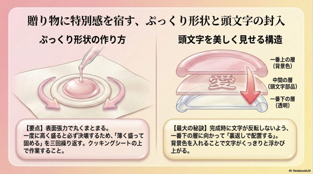 表面張力を利用したぷっくりシールの作り方と、イニシャルを美しく見せるための3層構造（背景色・部品・透明層）、文字を反転させて配置する秘訣を図解したスライド。