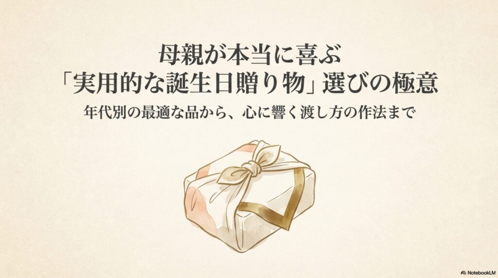 母親が本当に喜ぶ「実用的な誕生日贈り物」選びの極意と書かれたタイトルスライド