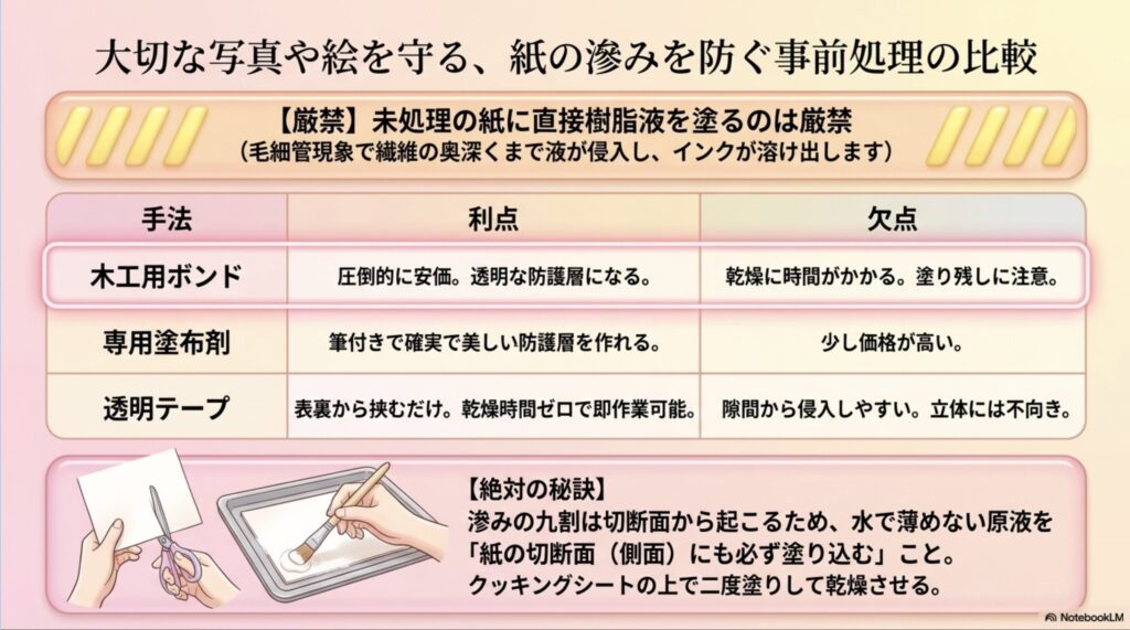 木工用ボンド、専用塗布剤、透明テープのメリット・デメリットの比較表と、滲みを防ぐために「紙の切断面（側面）にも原液を塗り込む」という絶対の秘訣が記載されたスライド。