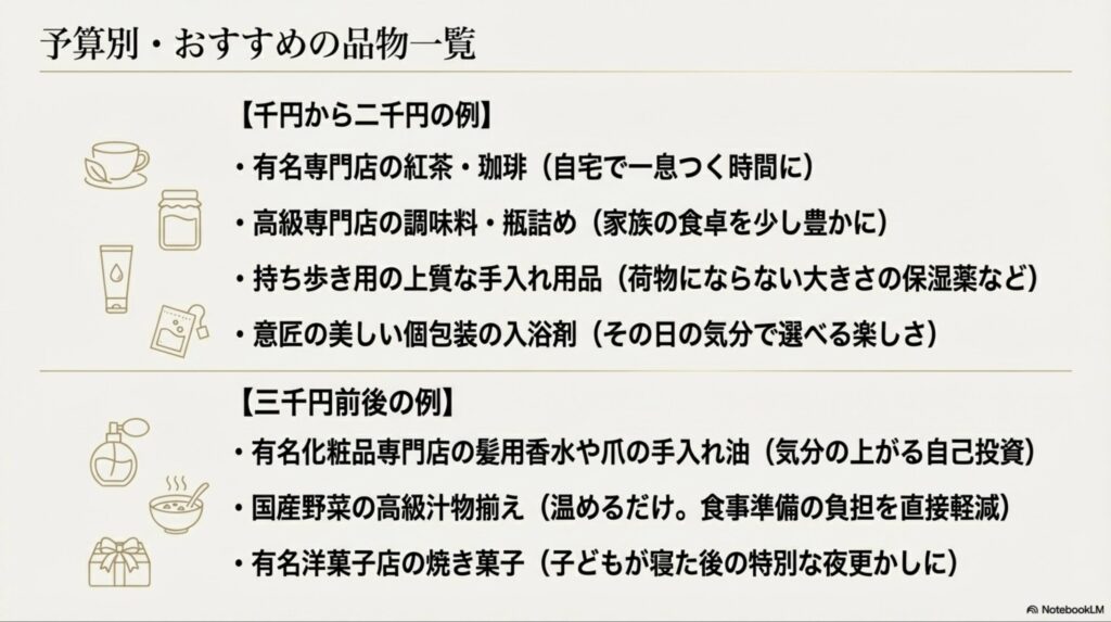 予算別おすすめの品物一覧。千円から二千円は有名専門店の紅茶や入浴剤、三千円前後はデパコスや高級汁物揃えなど
